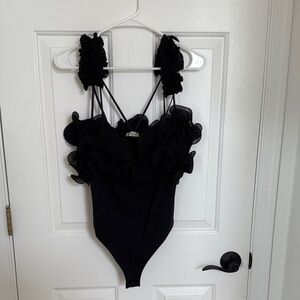 Free People Black Ruffled Bodysuit